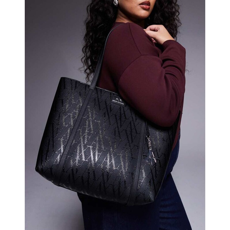 Armani Exchange Silvye momogram shopper bag in black 113338794