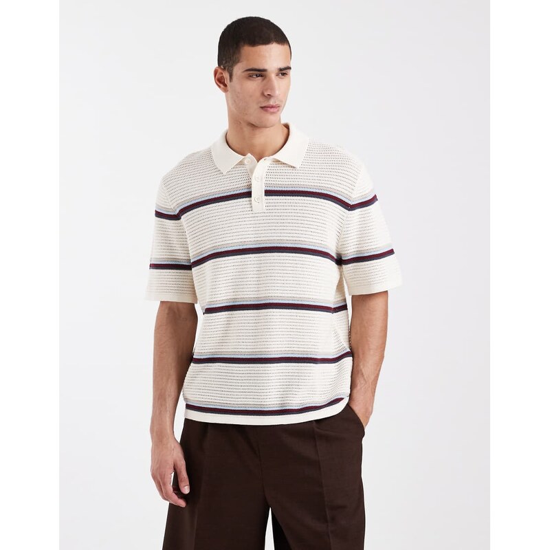 Jack & Jones stripe crochet polo in cream-White