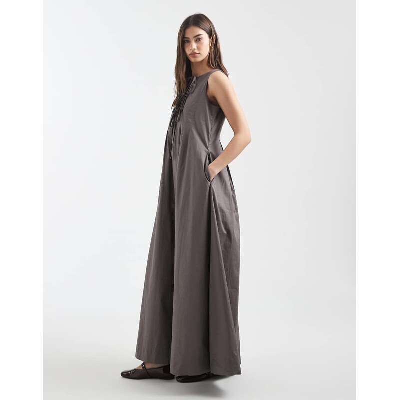 Daisy Street pintuck detail maxi dress with front ties in grey