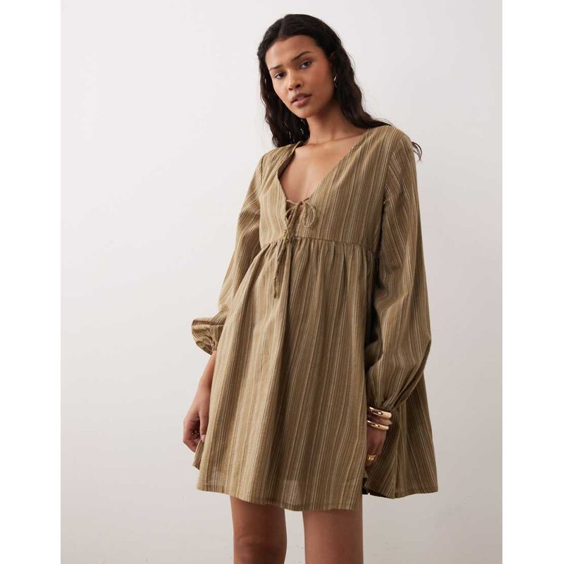 Kiss The Sky Ella long sleeve babydoll dress in olive green 114687983