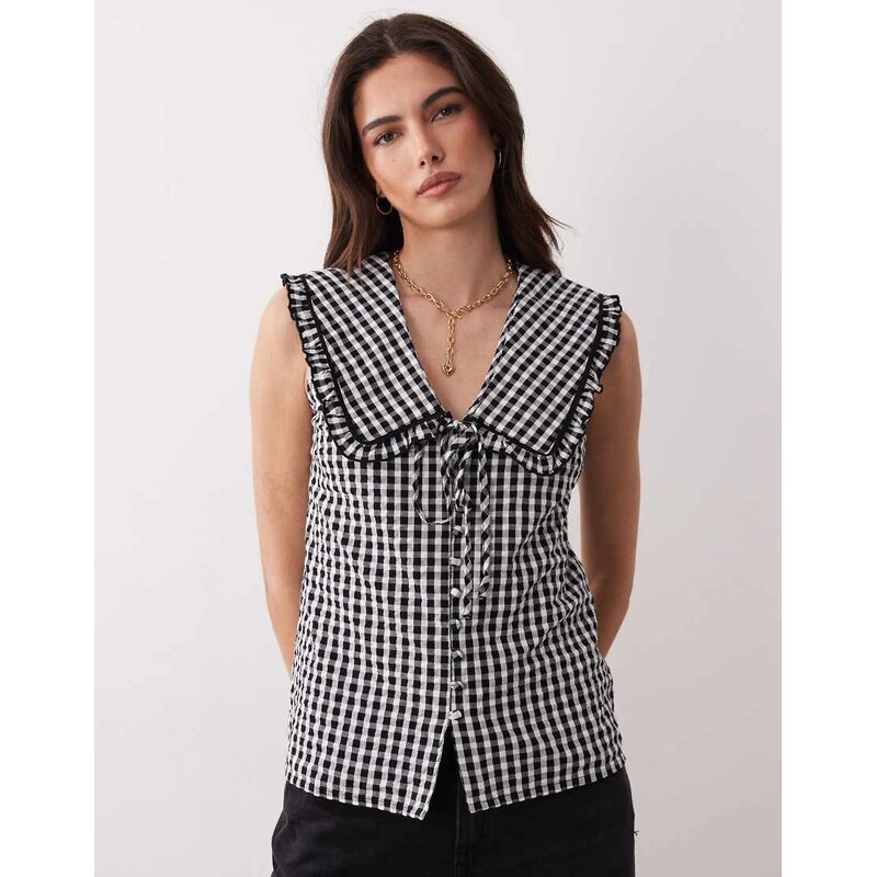 Nobodys Child Blair blouse with ruffle collar in mono gingham-Black 113545694