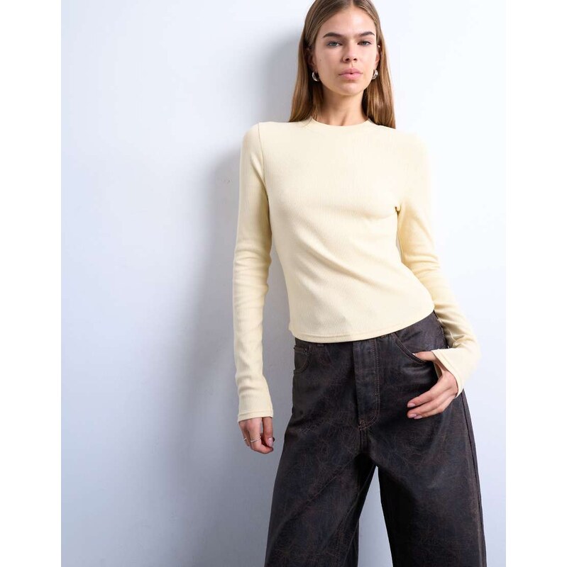 Topshop rib long sleeve curved hem top in buttermilk-Yellow