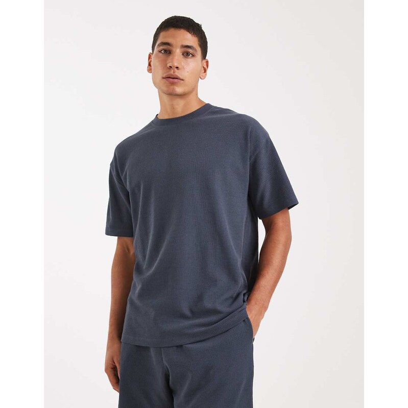 New Look waffle oversized t-shirt co-ord in petrol blue