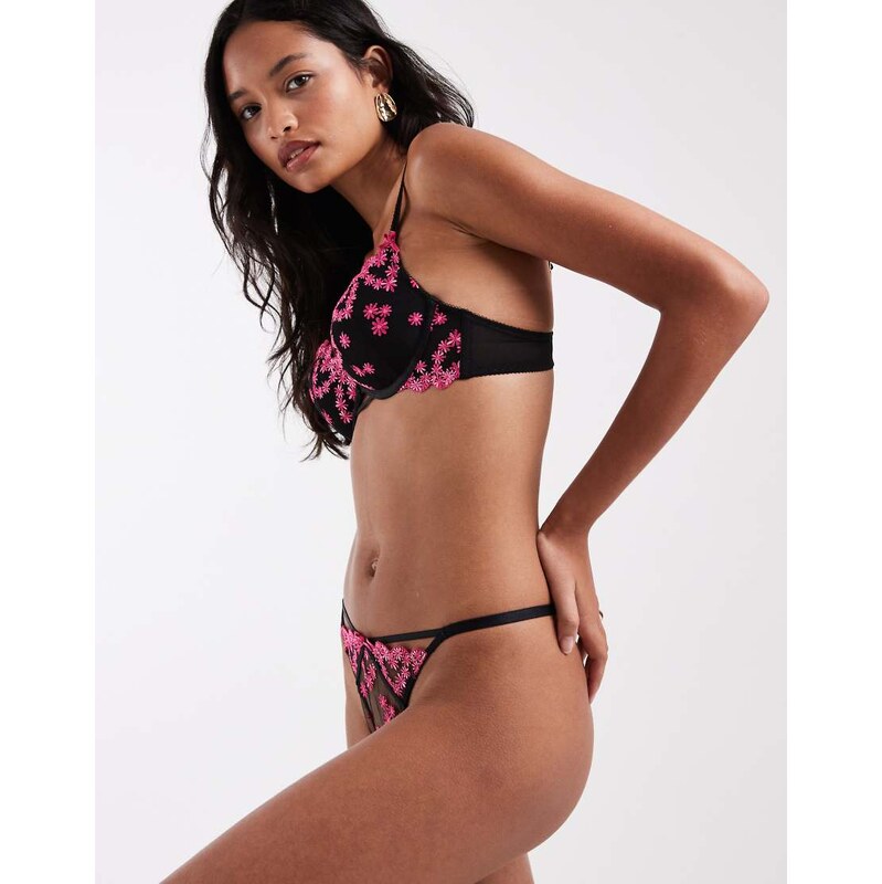 New Look floral embroidered thong in black