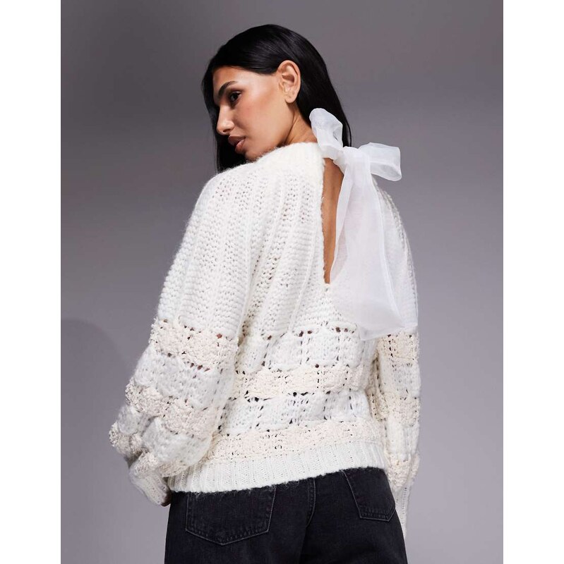 River Island pointelle bow back jumper in white
