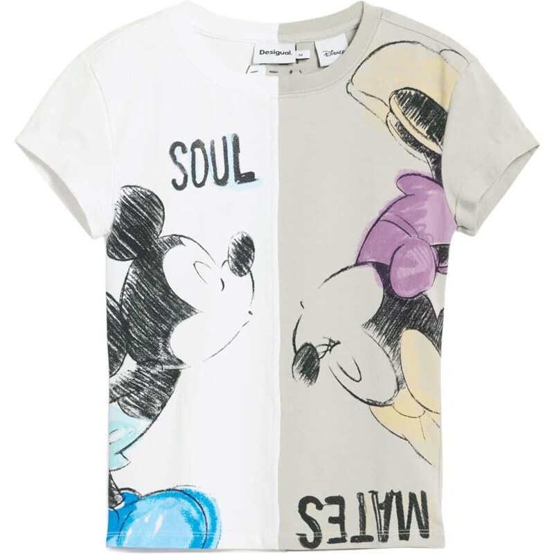 Desigual Tričko 'Mickey and Minnie Mouse kiss' kámen / černá / bílá