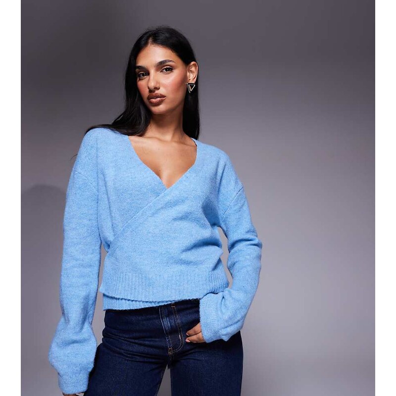 Kaiia exclusive wool feel knitted wrap cardigan in soft blue