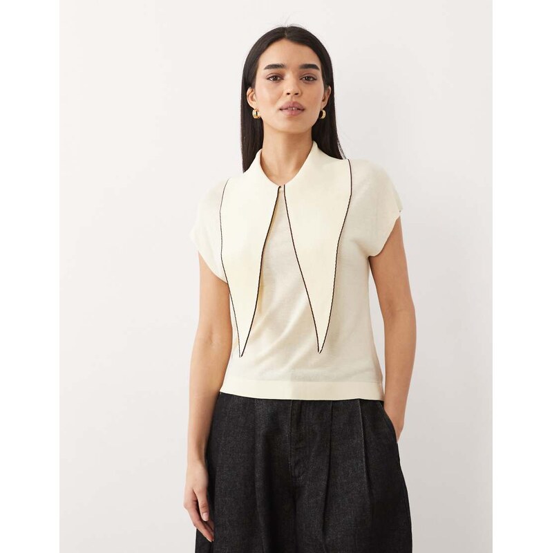 Mango short sleeve knitted top with tie detail in pastel yellow with 113263920