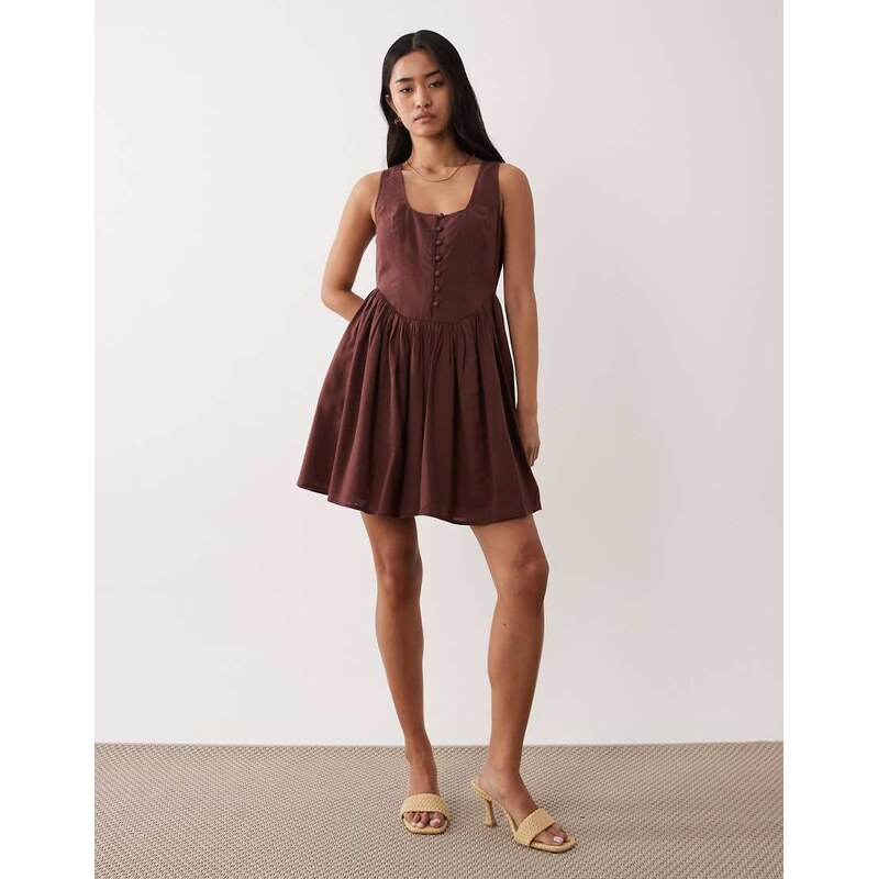 Nobodys Child Cora square neck button detail mini dress in brown