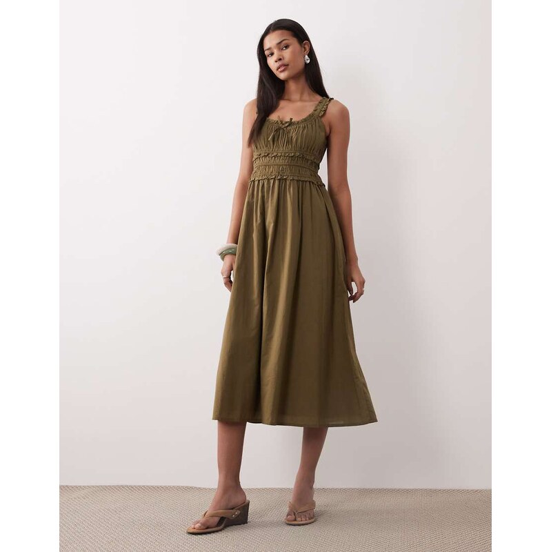 Nobodys Child Ariel ruched detail midi dress in khaki green 113545698