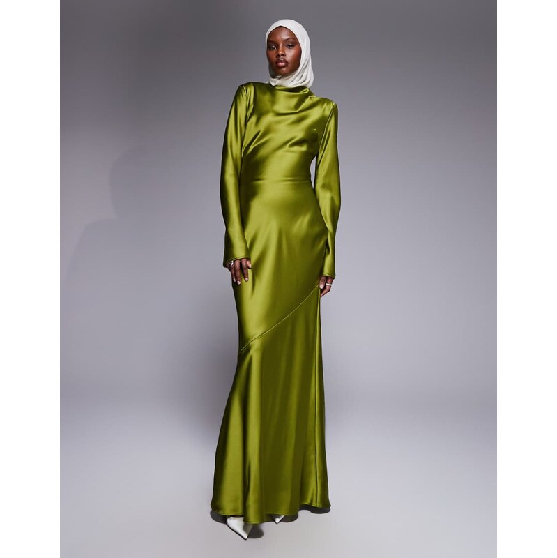 Daska satin exaggerated bow back maxi dress olive green