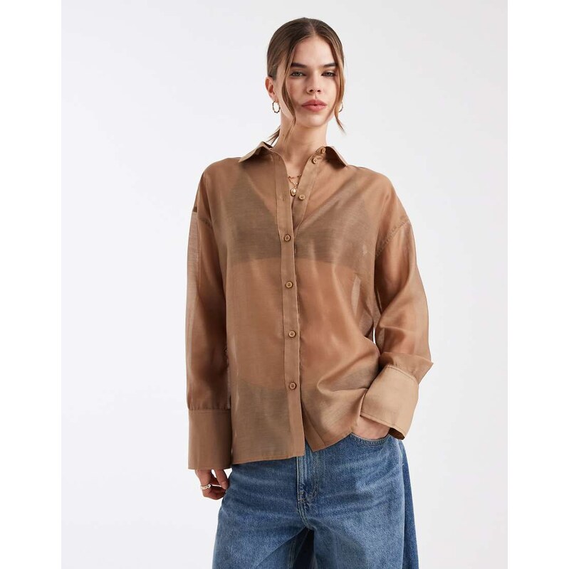 4th & Reckless sheer deep cuff shirt in taupe-Neutral 113277395