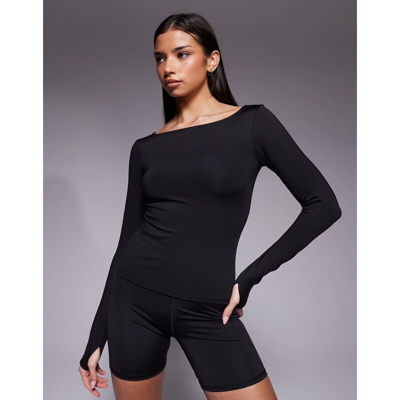 4505 active boat neck long sleeve top with thumbhole in black 115522345