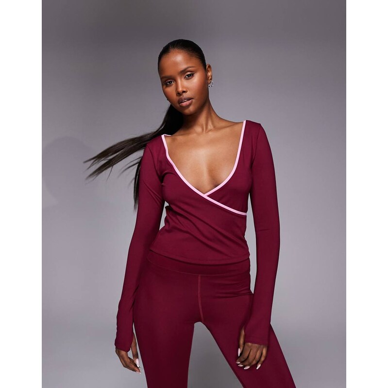 4505 active wrap V neck long sleeve top in cherry red