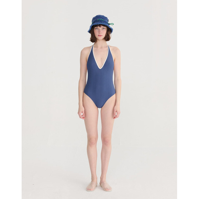Bobo Choses Jednodílné plavky Seaside Breeze Navy Seersucker XS