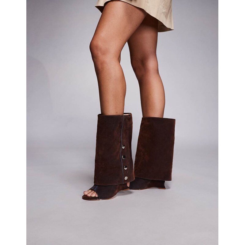 Azalea Wang Tinseled button down peep toe boots in suede tan-Brown 113262821