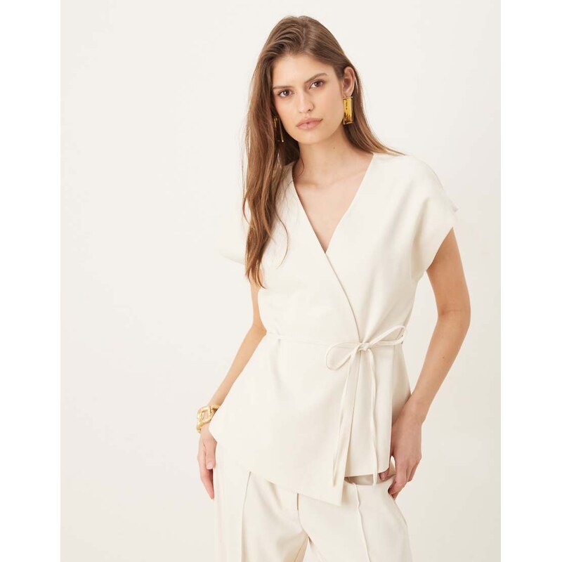 AWARE v-neck tie waist waistcoat co-ord in cream-White