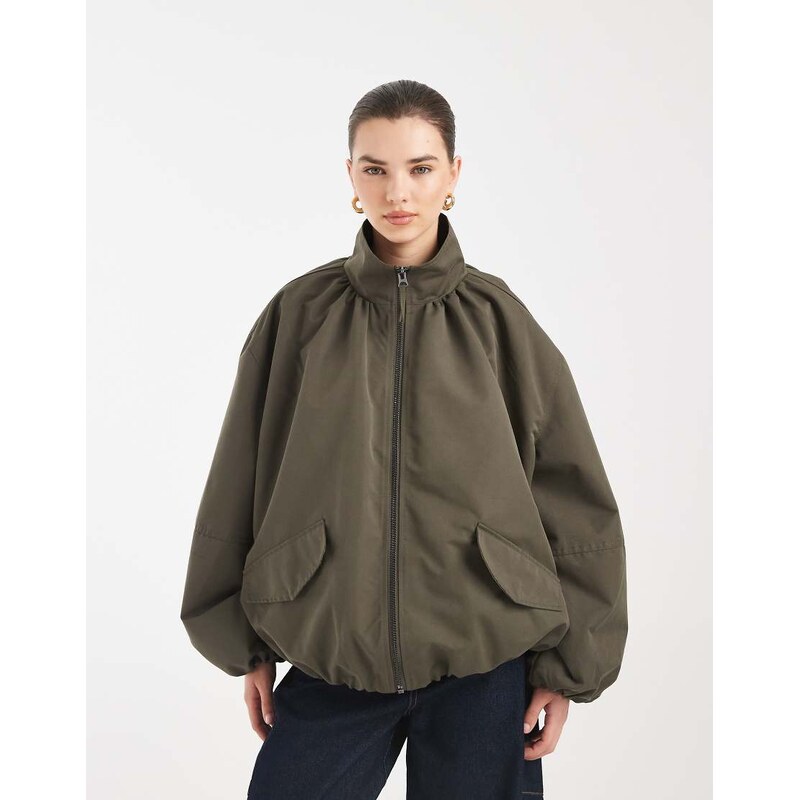 ASOS DESIGN oversized funnel neck bubble hem bomber in khaki