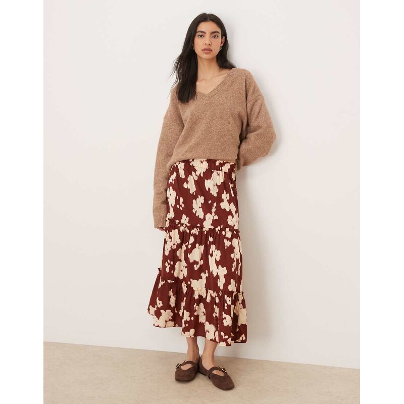 Wednesdays Girl tiered floaty midi skirt in brown