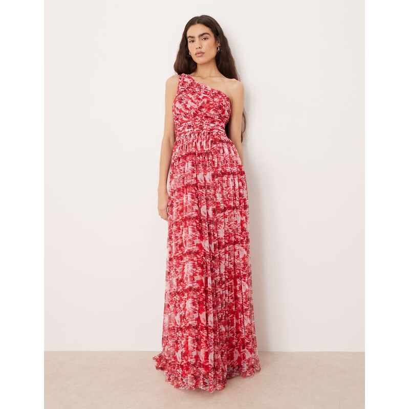 Lace & Beads tulle one shoulder scarf neck maxi dress in red