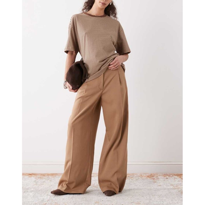 Monki high waist wide leg trousers with front pleat in brown