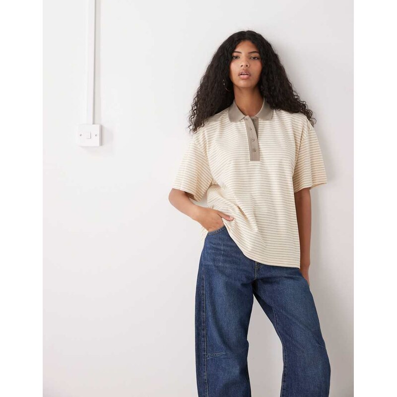 Monki boxy fit short sleeve rugby polo shirt in lemon stripe