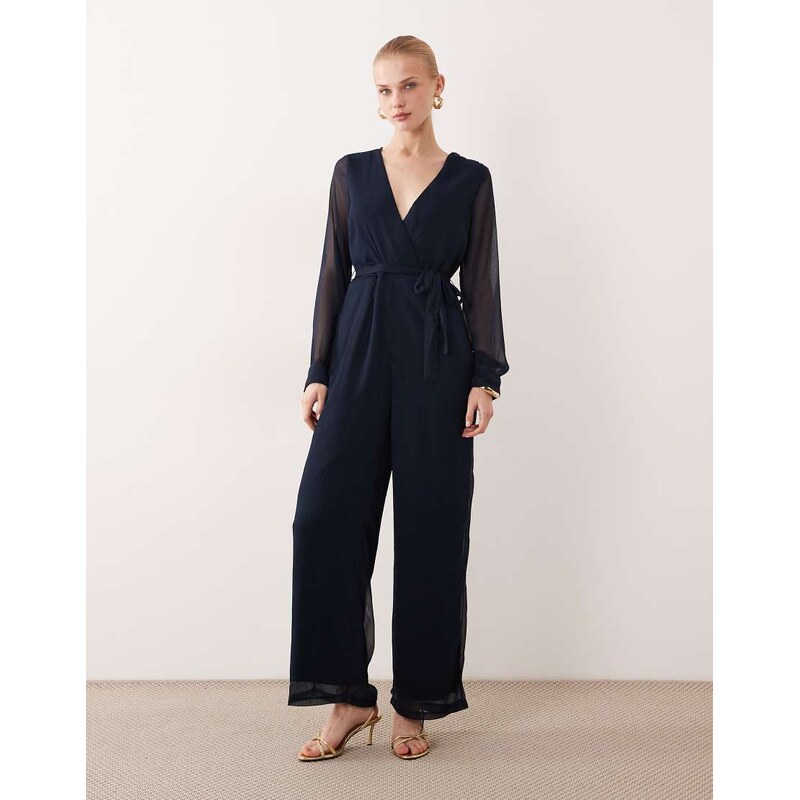 Vila v neck tie waist chiffon jumpsuit in navy
