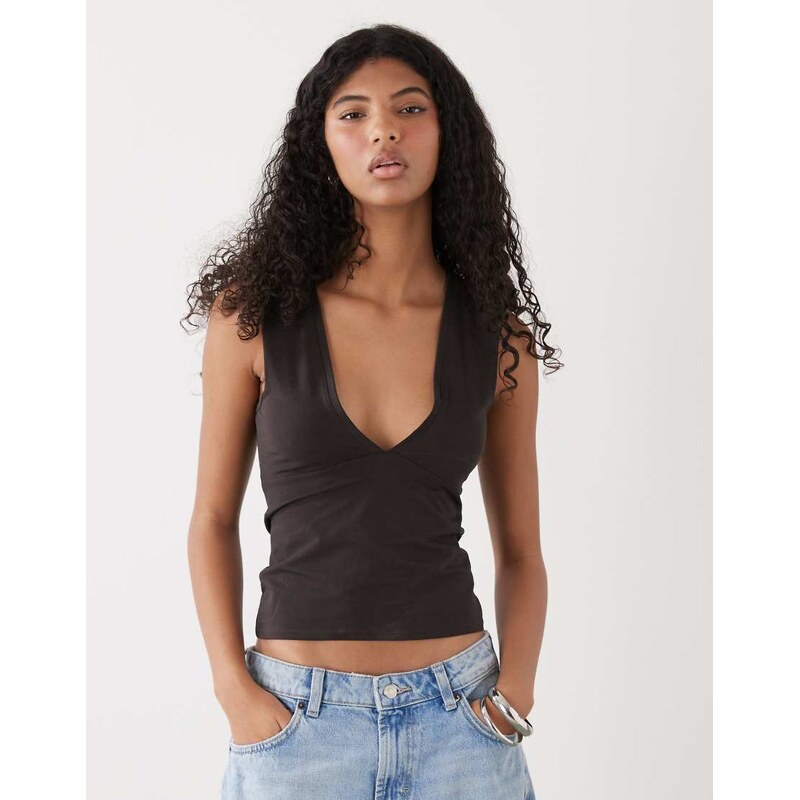 Weekday plunge v-neck top in dark brown