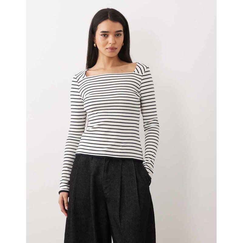 Mango 100% cotton long sleeve square neck top in white and navy