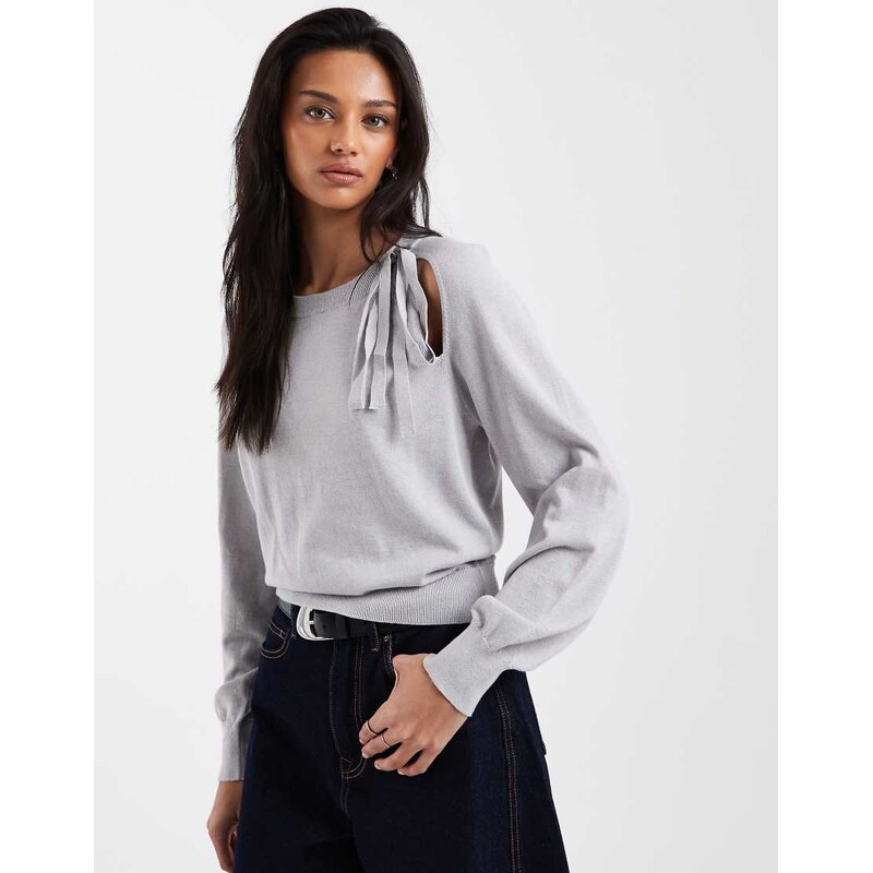 Mango Teen 100% cotton tie detail knitted top in grey 113091645