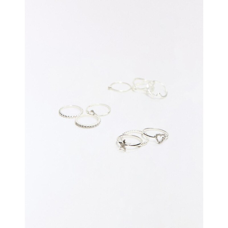 Bershka Pack of 9 thin rings in silver