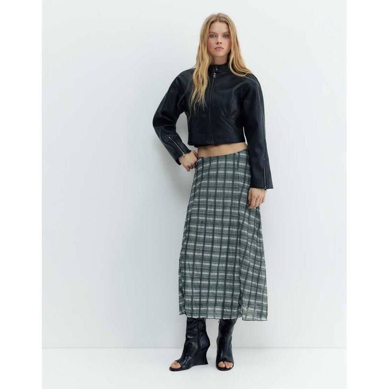Pull&Bear Check midi skirt in grey 113091683