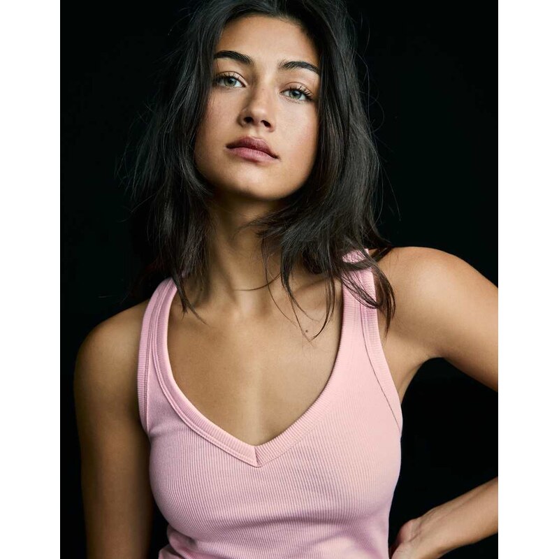 Bershka Basic rib vest top in pink