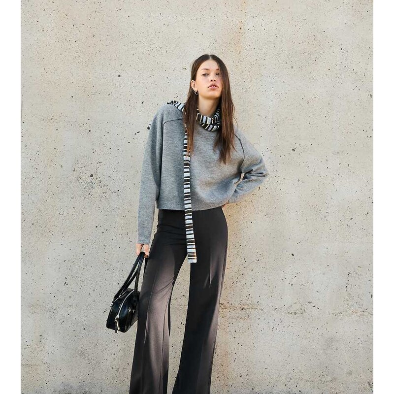 Bershka Tall wide-leg trousers in grey&black