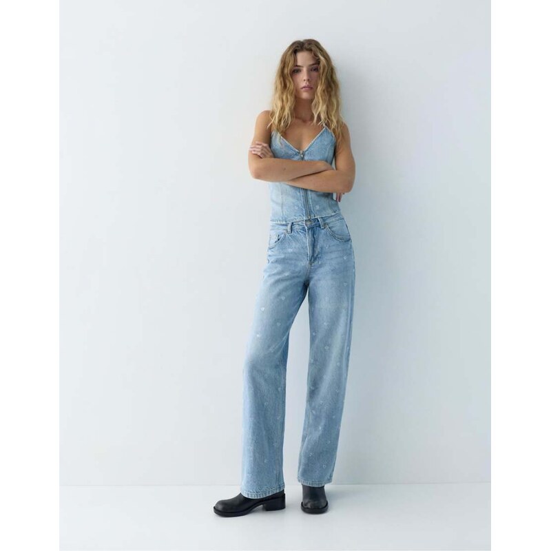 Pull&Bear Straight-leg jeans with rhinestone hearts in pale blue