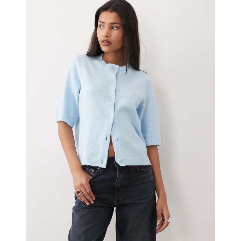 Vila short sleeve soft knitted cardigan in light blue melange 115521460