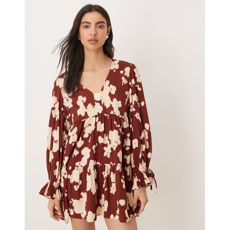 Wednesdays Girl floaty mini dress in brown smudge print