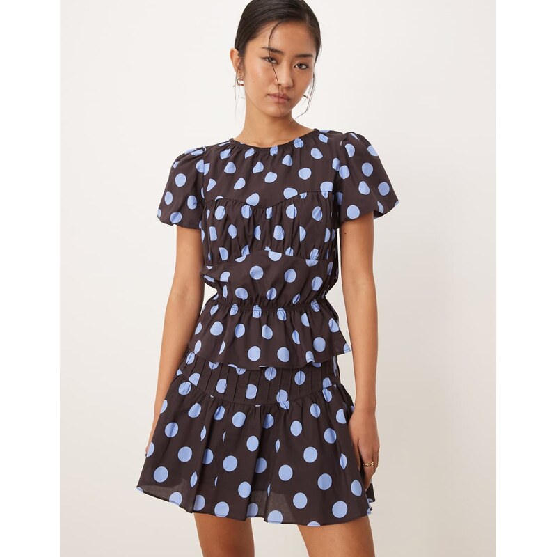 Glamorous puff sleeve blouse with ruffle detailing in brown blue polka 115535700