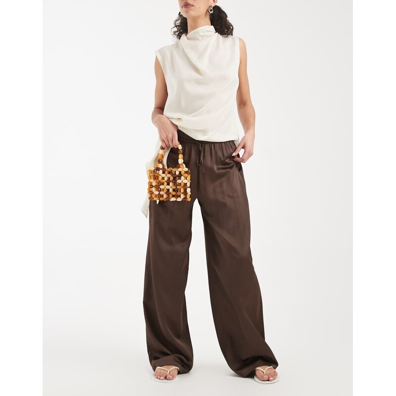 ONLY wide leg satin feel trouser in chocolate-Brown 114413514