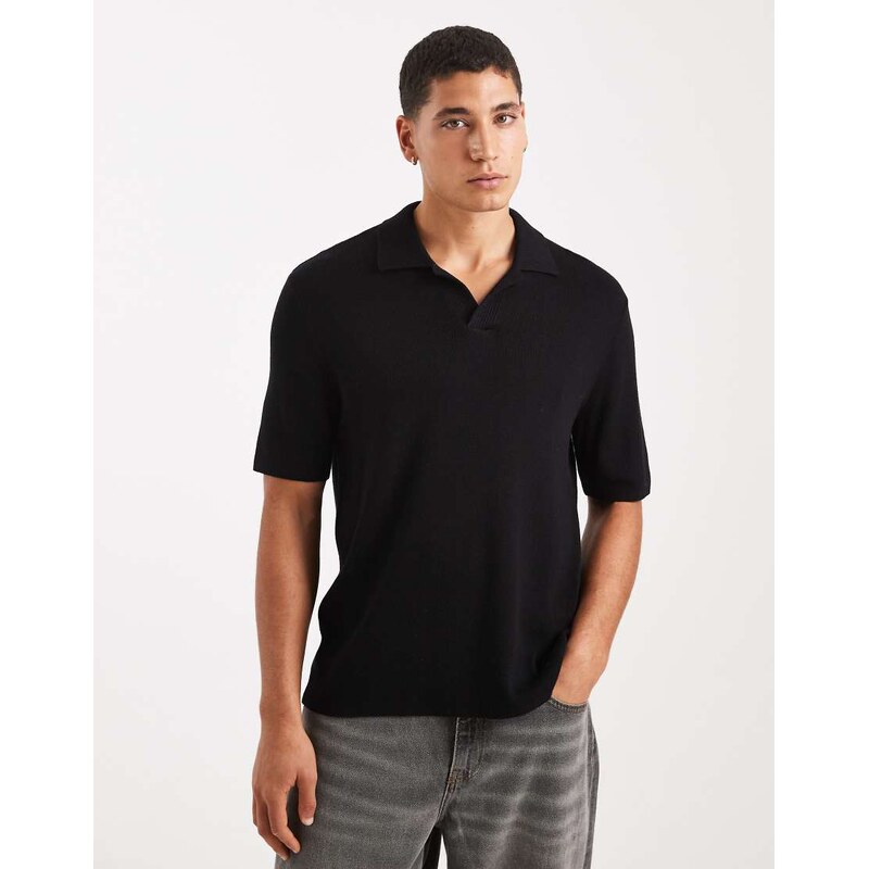 ONLY & SONS split neck knitted polo in black