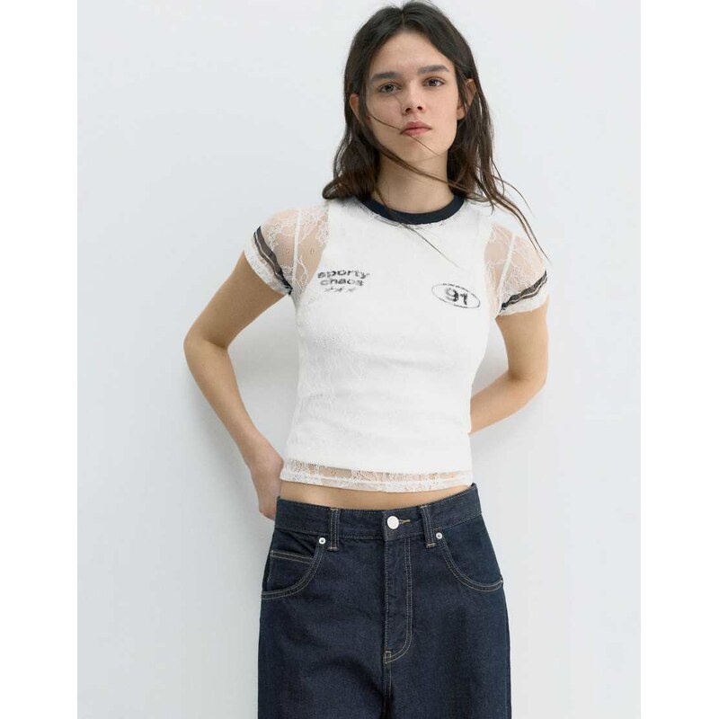 Pull&Bear Lace football t-shirt in white 113096263