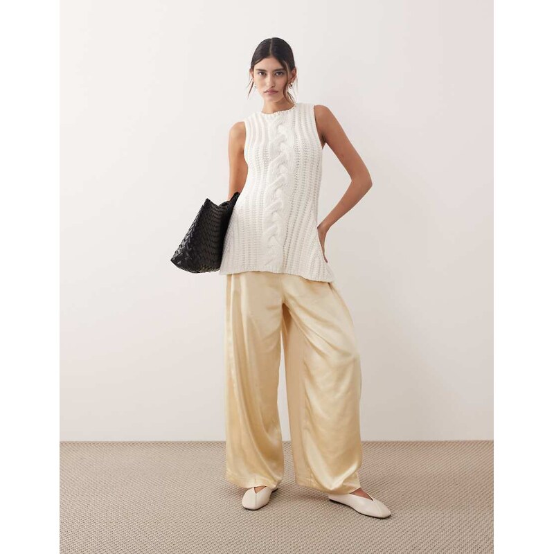 ARRANGE satin wide leg trouser in cream-White 113096083