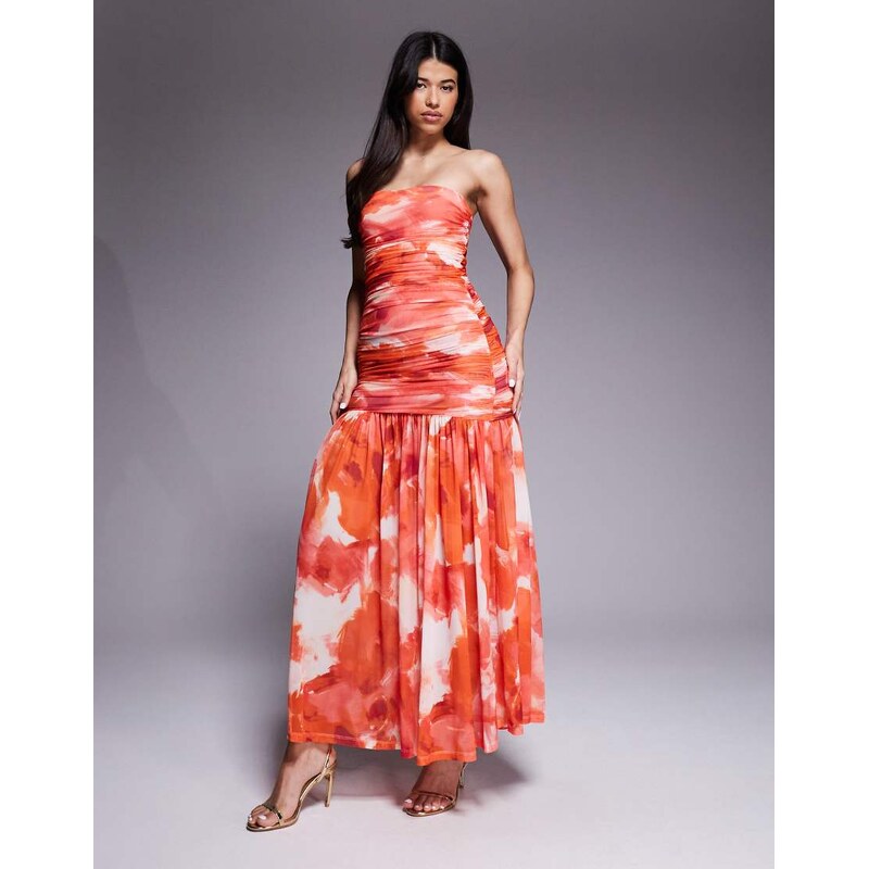 Bardot Solana mesh bandeau ruched bodice maxi dress in pink abstract 106188349