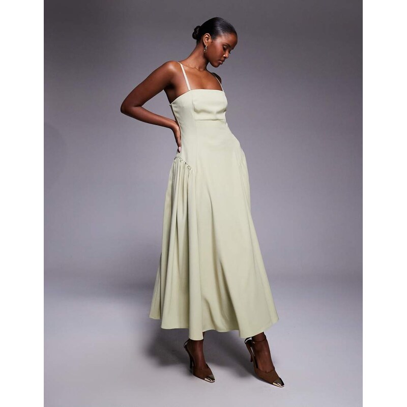 Rare London bandeau hip gather detail midi dress in olive-Green 113096078