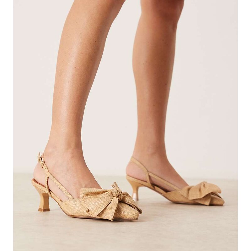 Glamorous Wide Fit kitten heel shoes with bow in raffia-Neutral