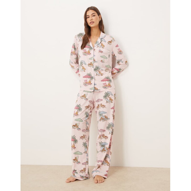 Chelsea Peers leopard summer print jersey revere pyjama set in pink 113096107