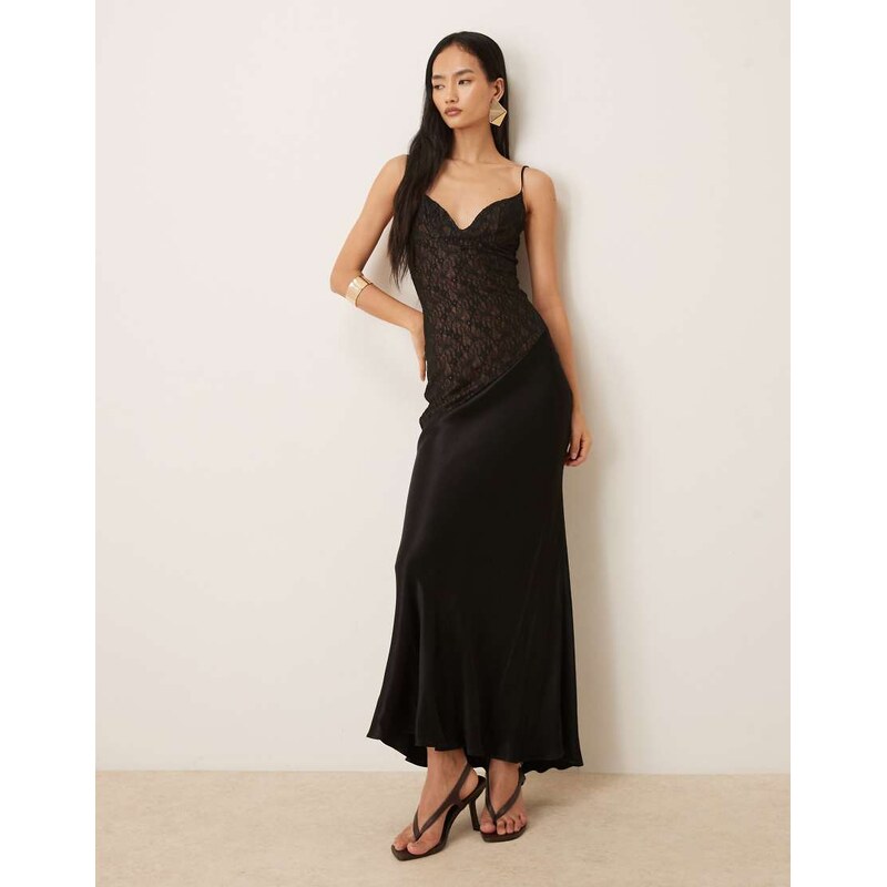Bardot Aralia asymmetric lace bodice satin hem maxi dress in