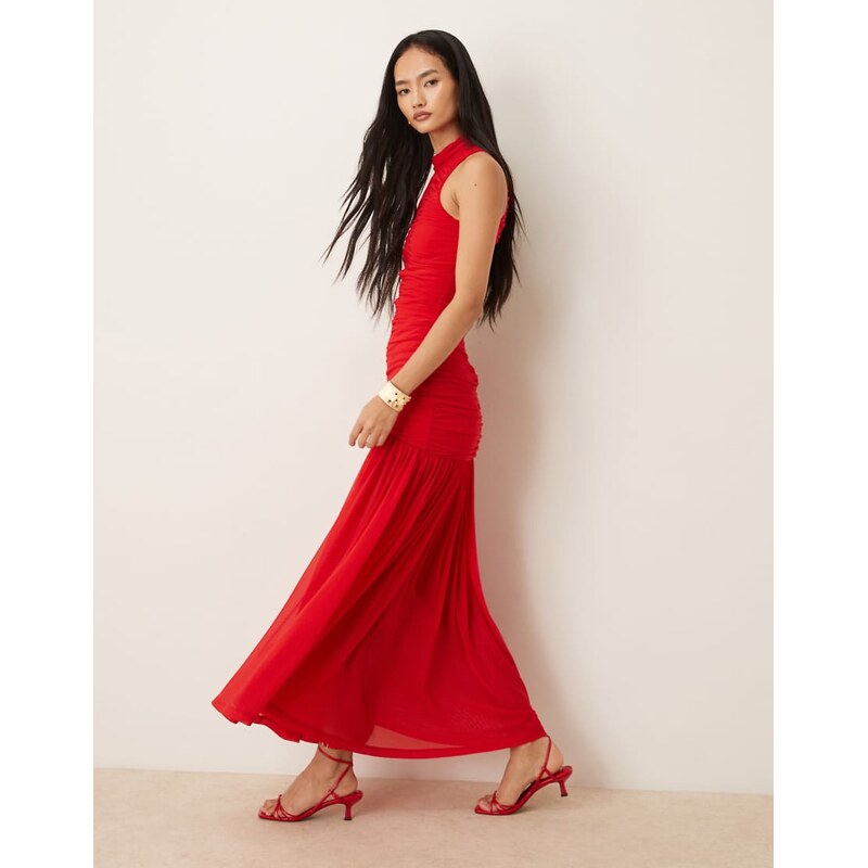 Bardot Orlana mesh high neck dropped waist maxi dress in red