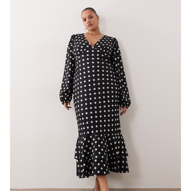 Lace & Beads Plus plunge neck balloon sleeve tiered ruffle hem maxi 115519688