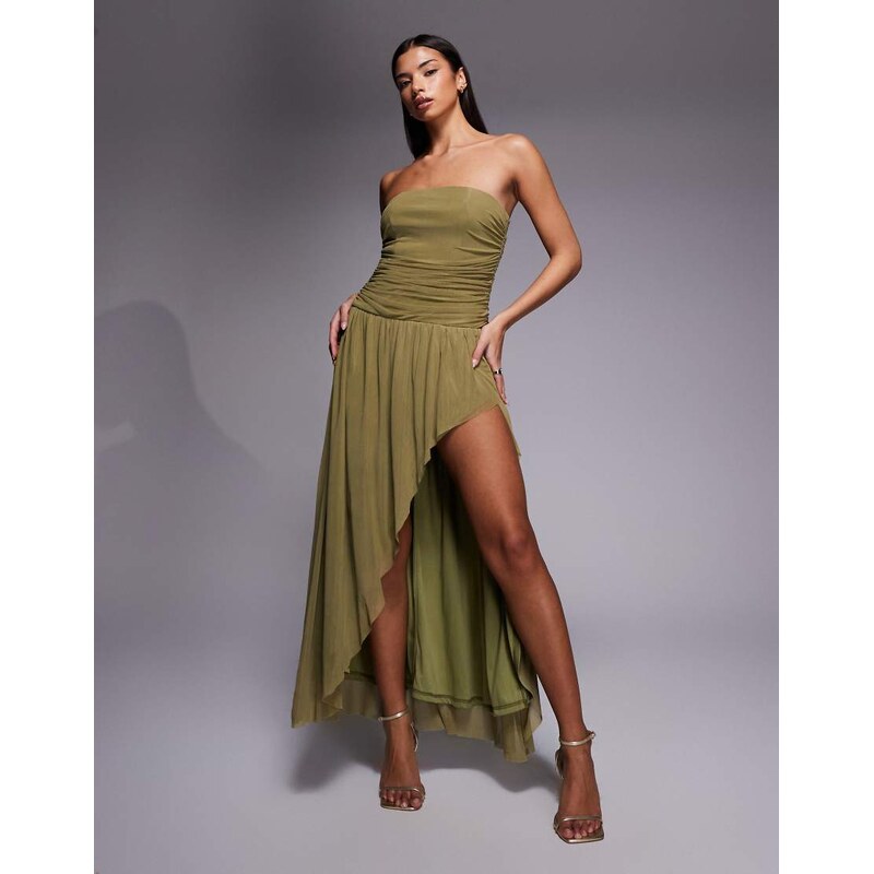 Rare London mesh bandeau ruched detail asymmetric side slit maxi